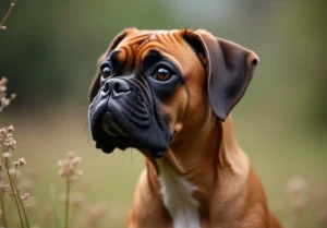 Boxer dog in a field of grass with flowers.