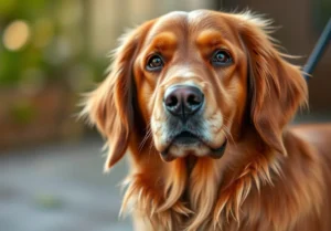 a close up of a dog's face, with a blurred background