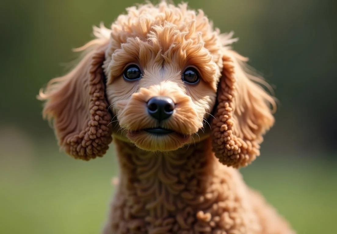 a small brown poodle eyes looking up at the camera with a green background