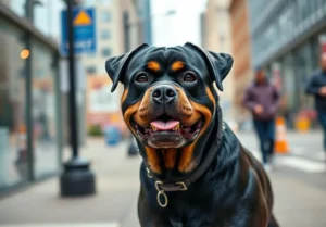 a dog is standing on the sidewalk in front of a storefront with its mouth open