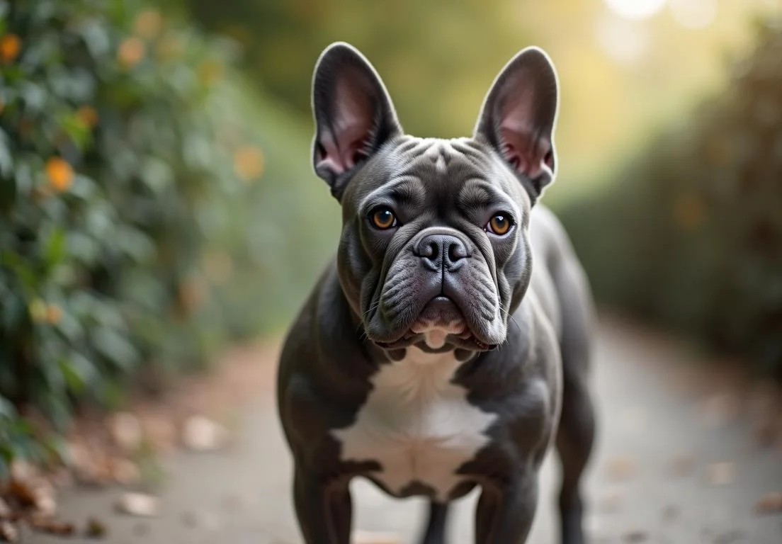 a black and white french bulldog standing on a path in the woods looking at the camera