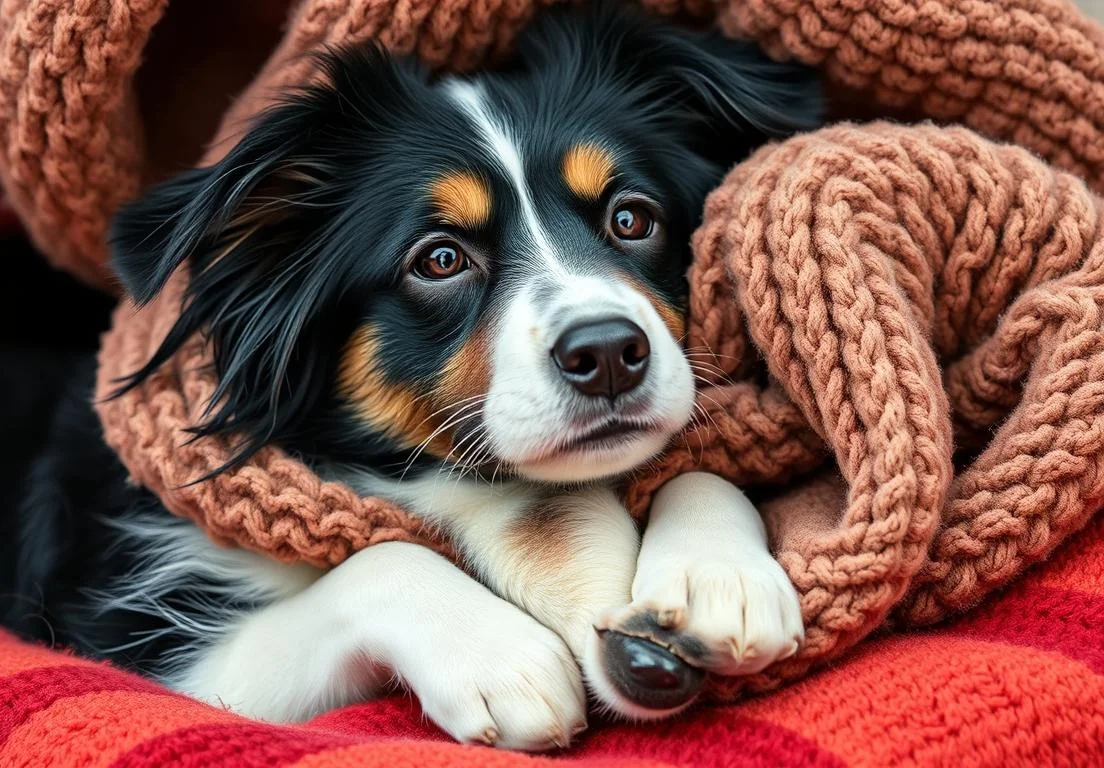 a dog wrapped up in a blanket on top of a red and white blanket