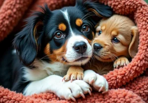 two cute dogs wrapped up in a blanket