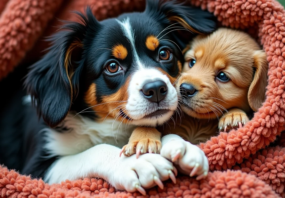 two cute dogs wrapped up in a blanket