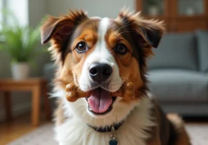 a brown and white dog sitting on top of a rug next to a couch