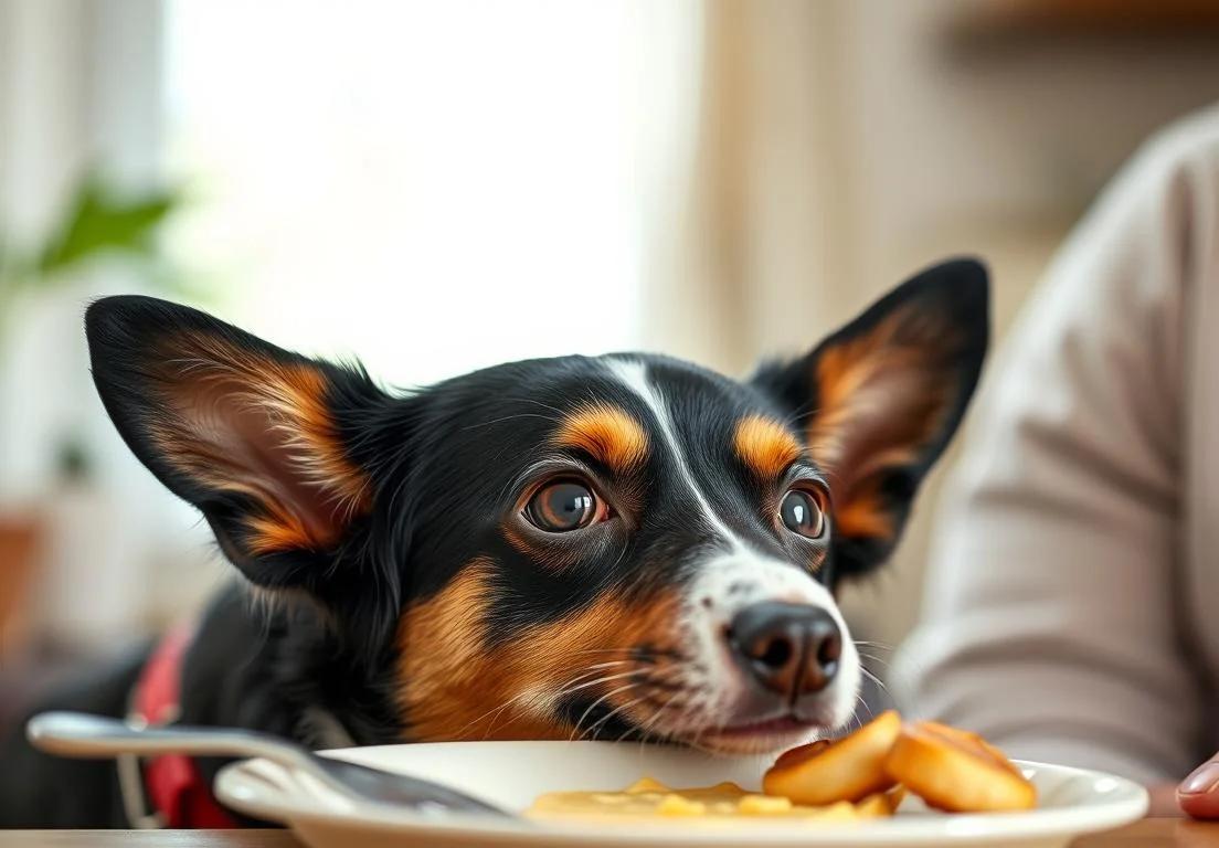 a dog eating food from a plate on a table with a person in the background