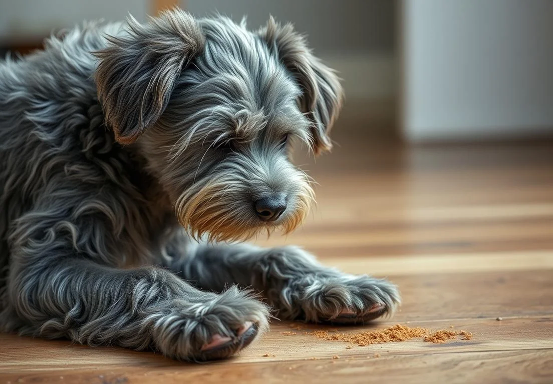 a small dog laying on the floor next to a bowl of dog food