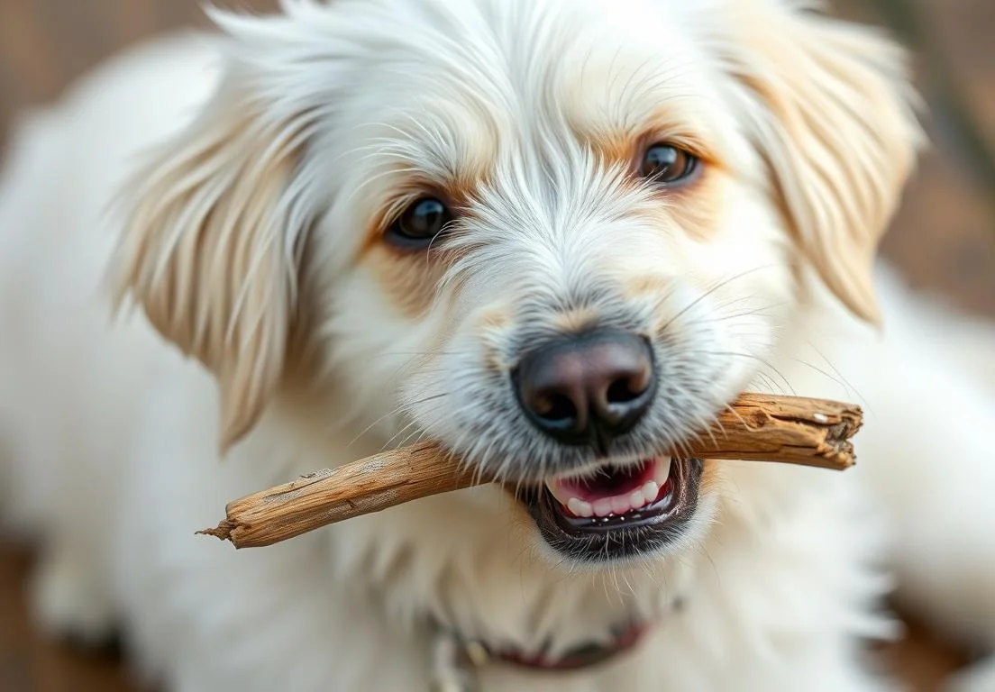 a small white dog with a stick in its mouth and a stick in his mouth