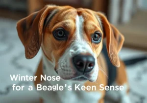 a brown and white dog with the words winter nose for a beagle's keen sense