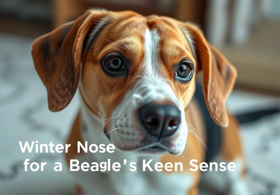 a brown and white dog with the words winter nose for a beagle's keen sense