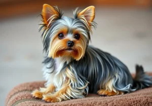 a small dog sitting on top of a brown and black dog bed with its eyes closed