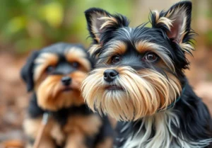 two small dogs sitting on the ground in front of a green forest background