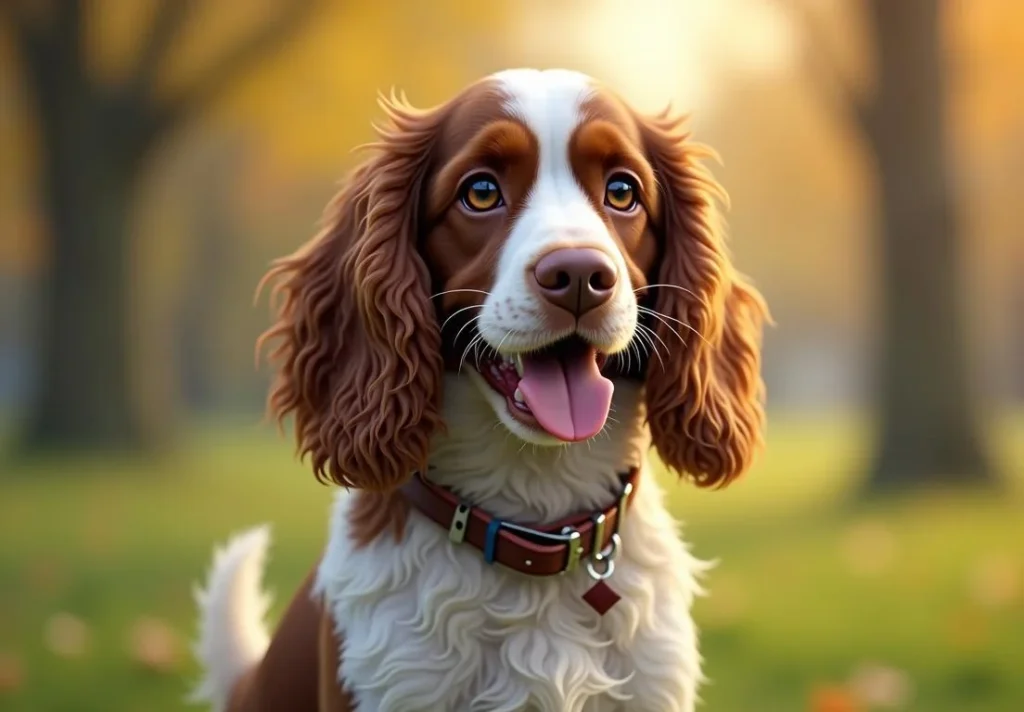 A brown and white dog sitting in the grass.