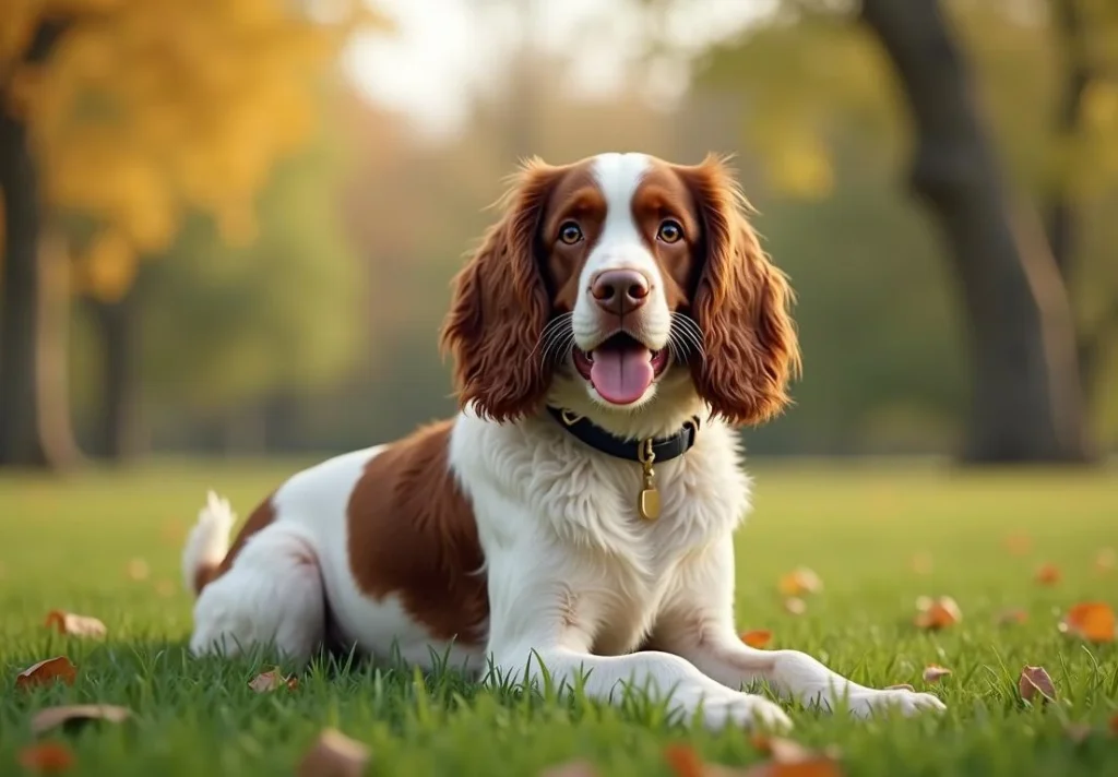 The picture shows a brown and white dog lying on grass with trees in the background.