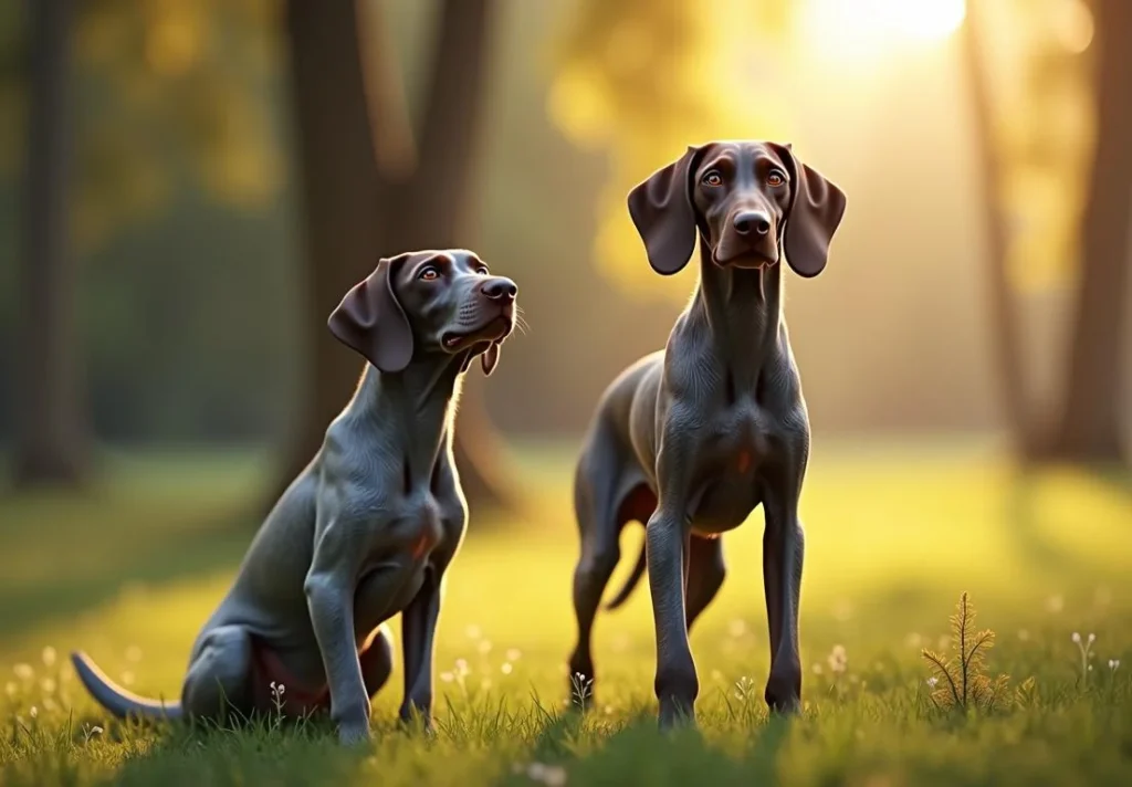 Two Weimaraner dogs sit in the grass, one small and one large.