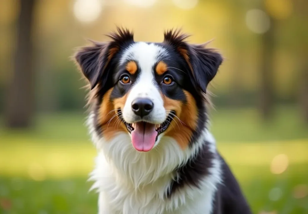 Australian Shepherd dog with brown, black and white coat sitting in a park.