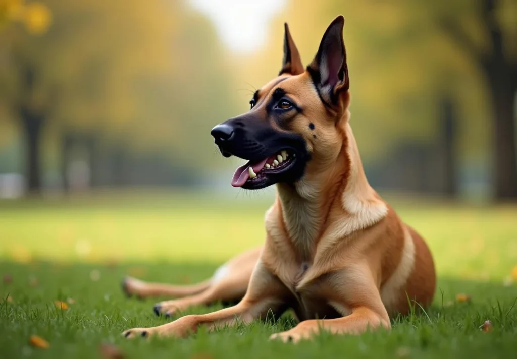 Belgian Malinois laying in grass with trees in background.