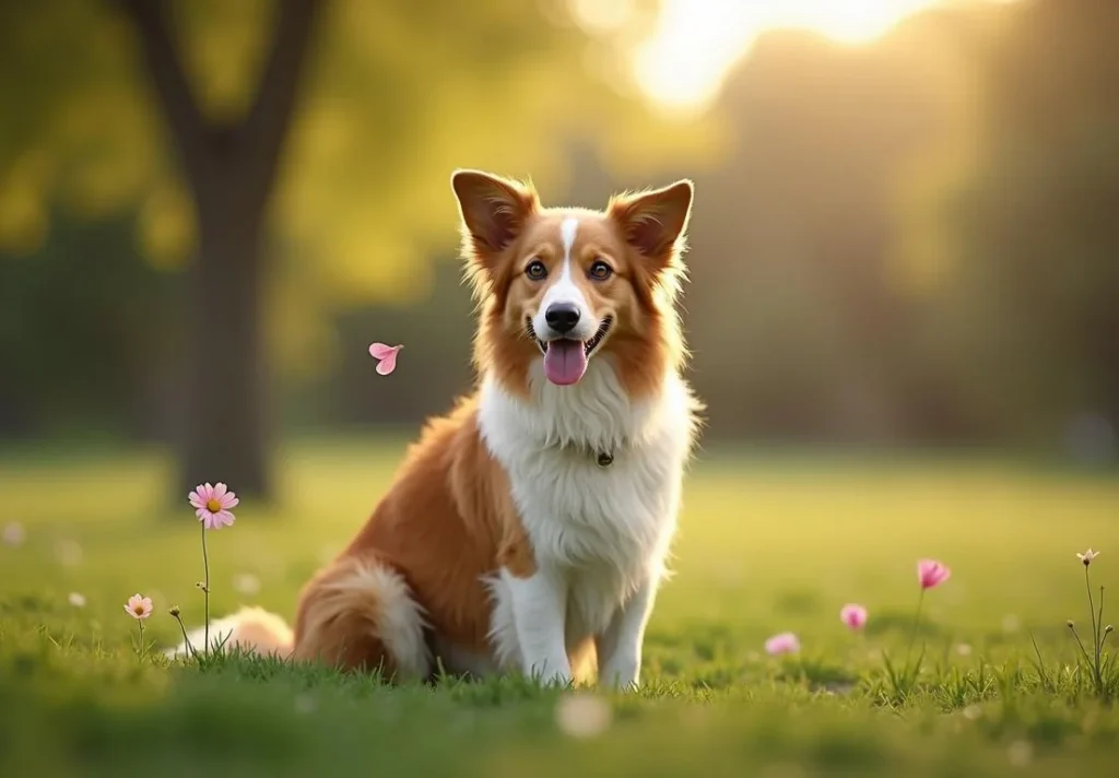 A red and white border collie sits in a field of flowers with a tree in the background.