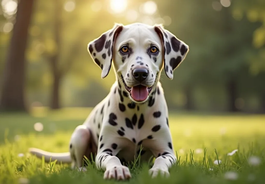 Dalmatian puppy sitting on grass in the sun.