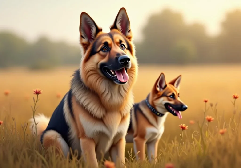 A German Shepherd and a Shiba Inu sitting in a field of flowers.