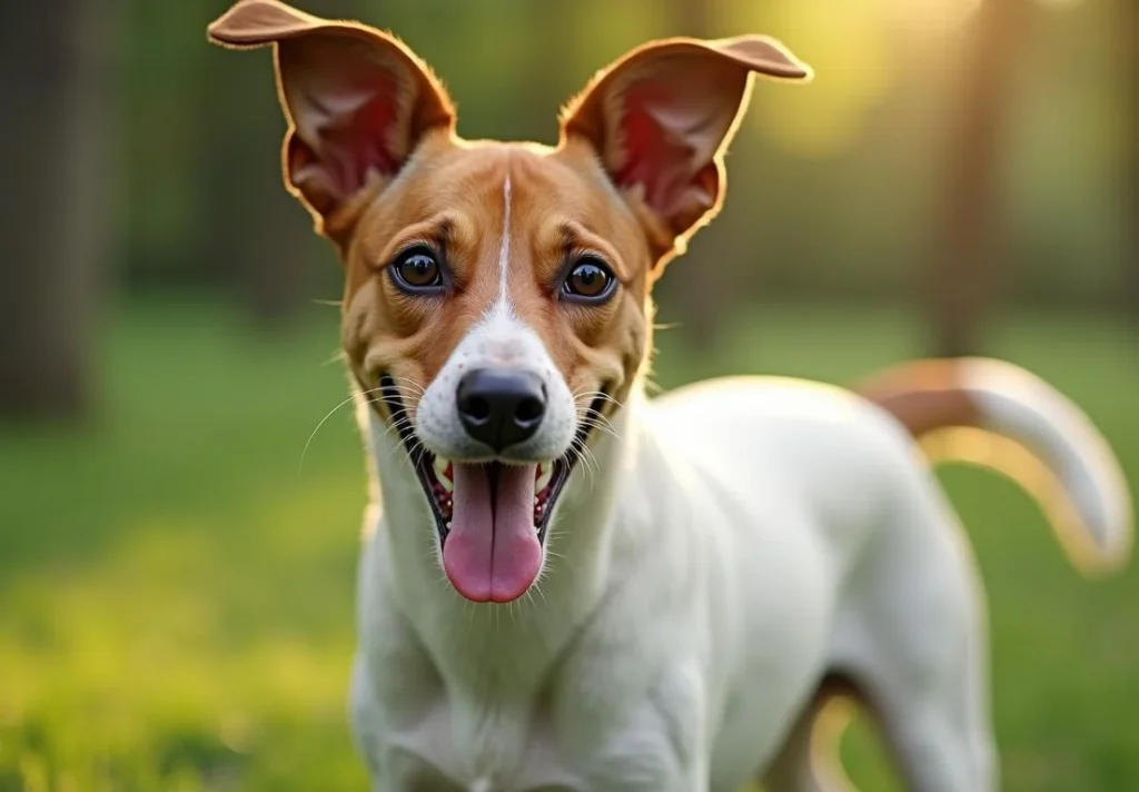 Close-up of a Jack Russell Terrier, a small white and brown dog, with its ears up and its tongue out.