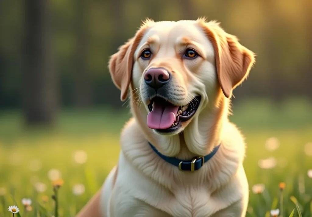 a happy yellow labrador retriever with a blue collar sitting in a grassy field with daisies.