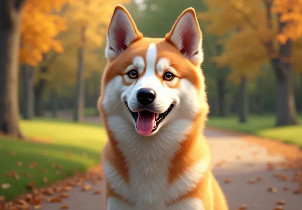 A siberian husky dog is sitting on a path in the park, looking at the camera with a smile.