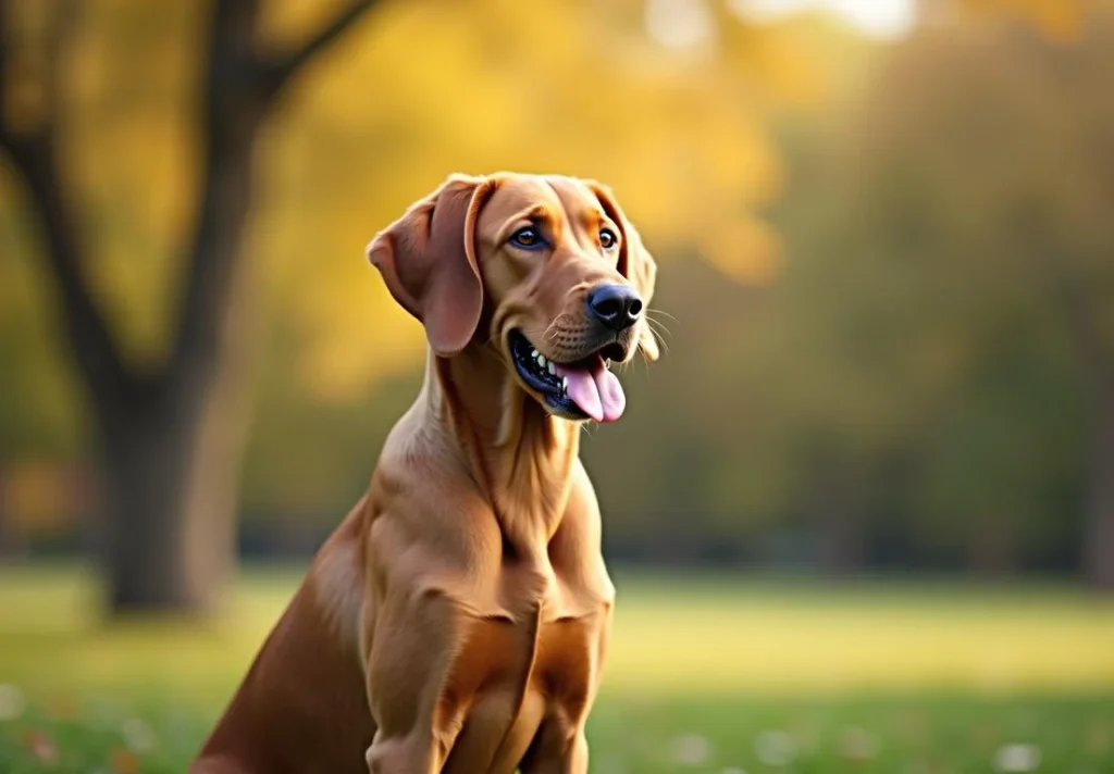 A tan-colored dog sits in a grassy field, its tongue hanging out of its mouth.