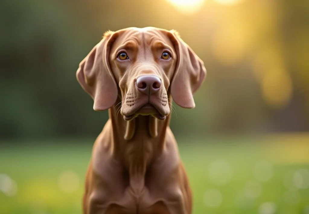 Portrait of a brown dog sitting in the grass with the sun shining in the background.