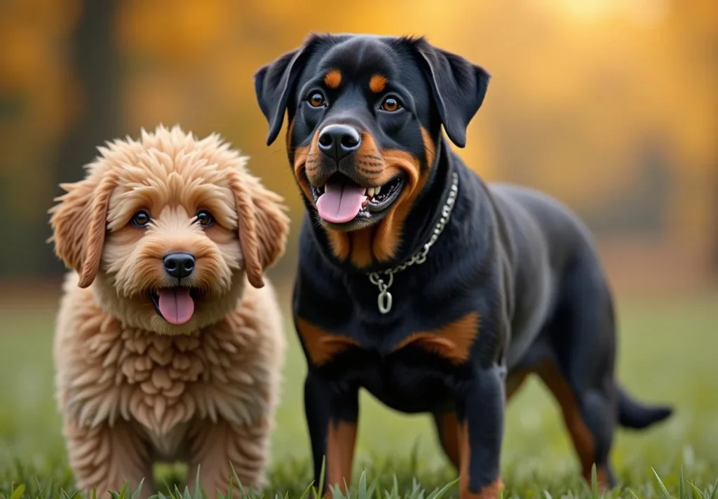 A small brown dog and a black and brown Rottweiler stand in a grassy field with trees in the background.