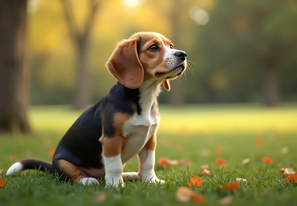 Beagle puppy sitting on grass in the park with orange leaves on the ground and trees in the background.