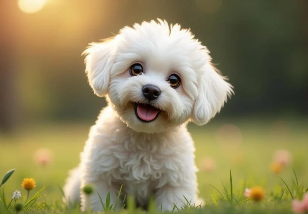 A white dog sits in a grassy field with flowers and smiles at the camera.