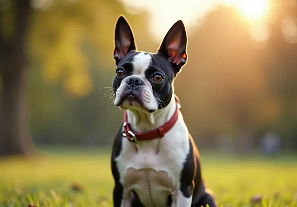 Boston Terrier sitting on grass with a red collar.