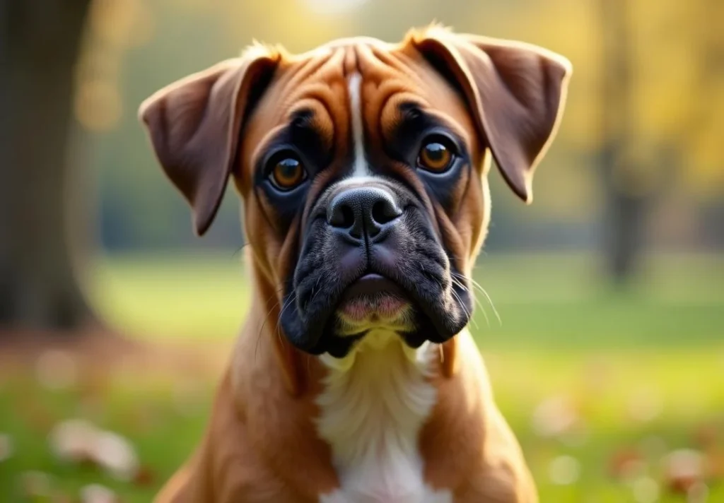 A brown and white dog with black nose and eyes sits on green grass with trees in the background.