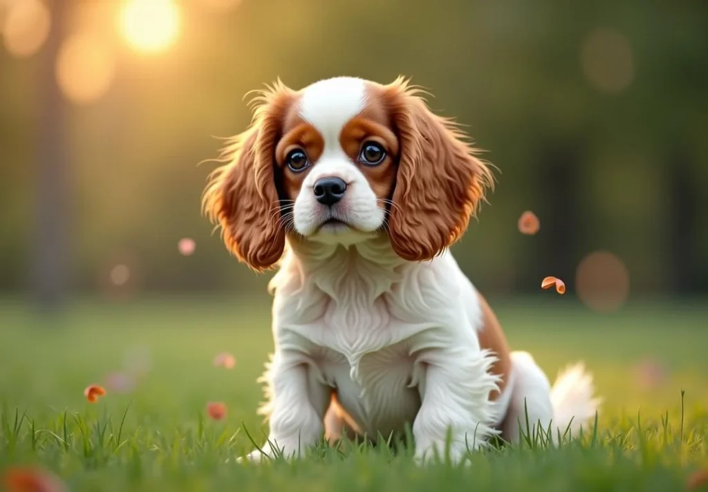 Cute puppy sitting on grass with a blurry background.