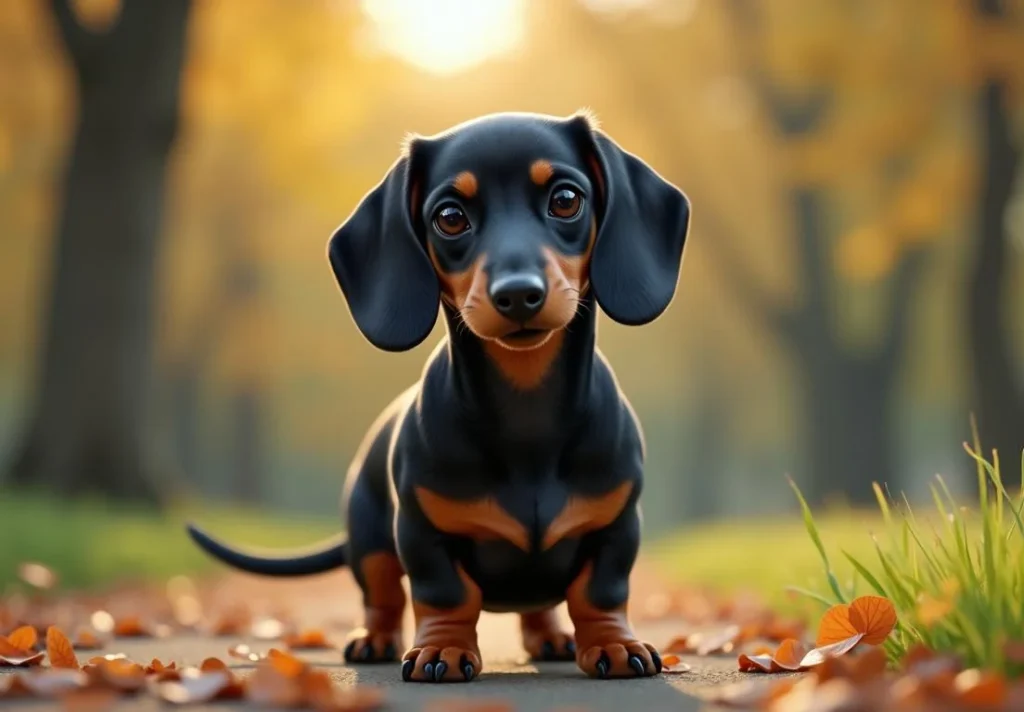 A small black and brown puppy sits on a road in a forest. The sun is setting behind the trees.