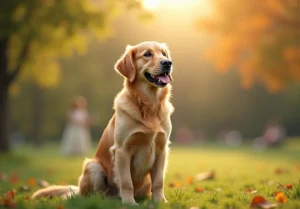 Golden Retriever sitting in the grass with a couple in the background.