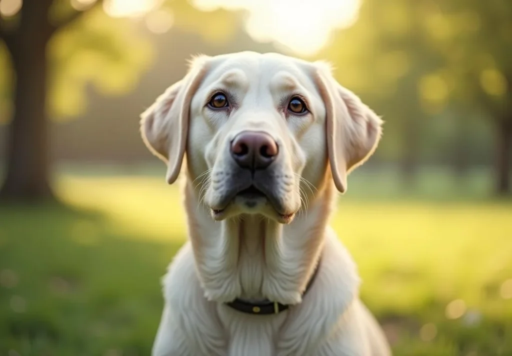 A white Labrador retriever sits in a grassy field with the sun shining through the trees behind him.