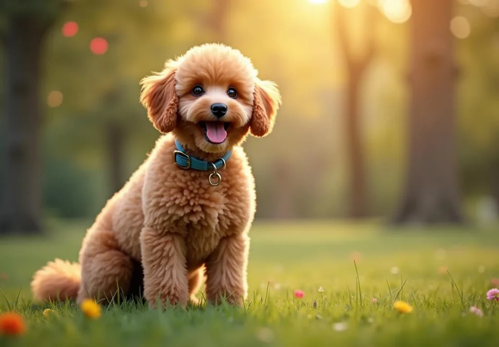 A brown poodle puppy sitting on grass in a park with the sun shining behind him.