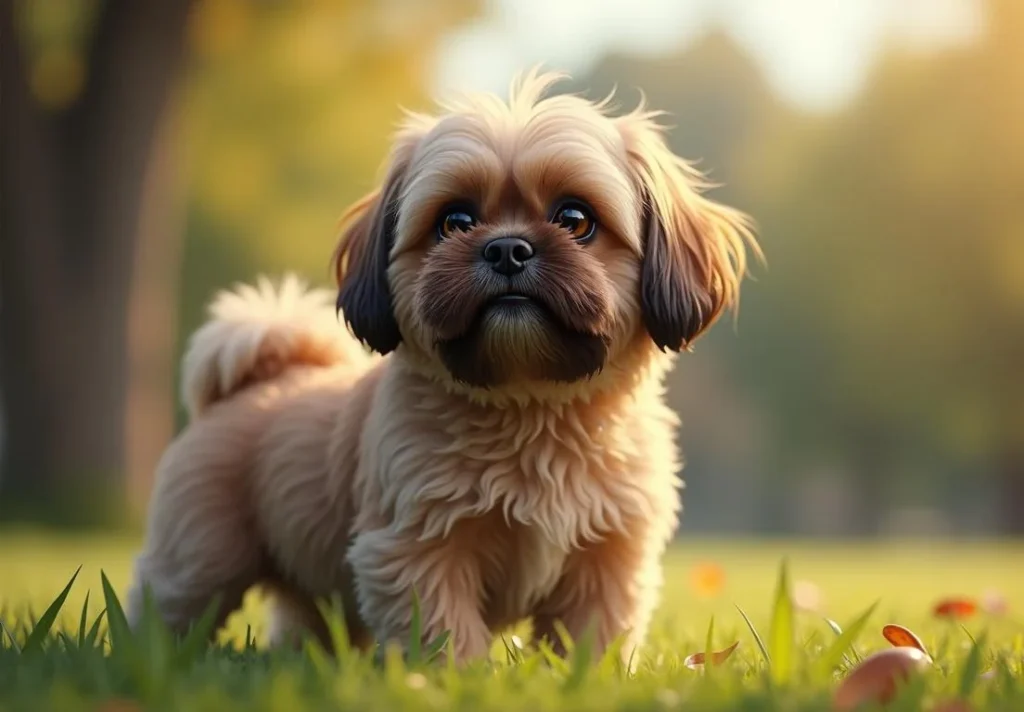 Shih Tzu standing in the grass, eyes wide open.